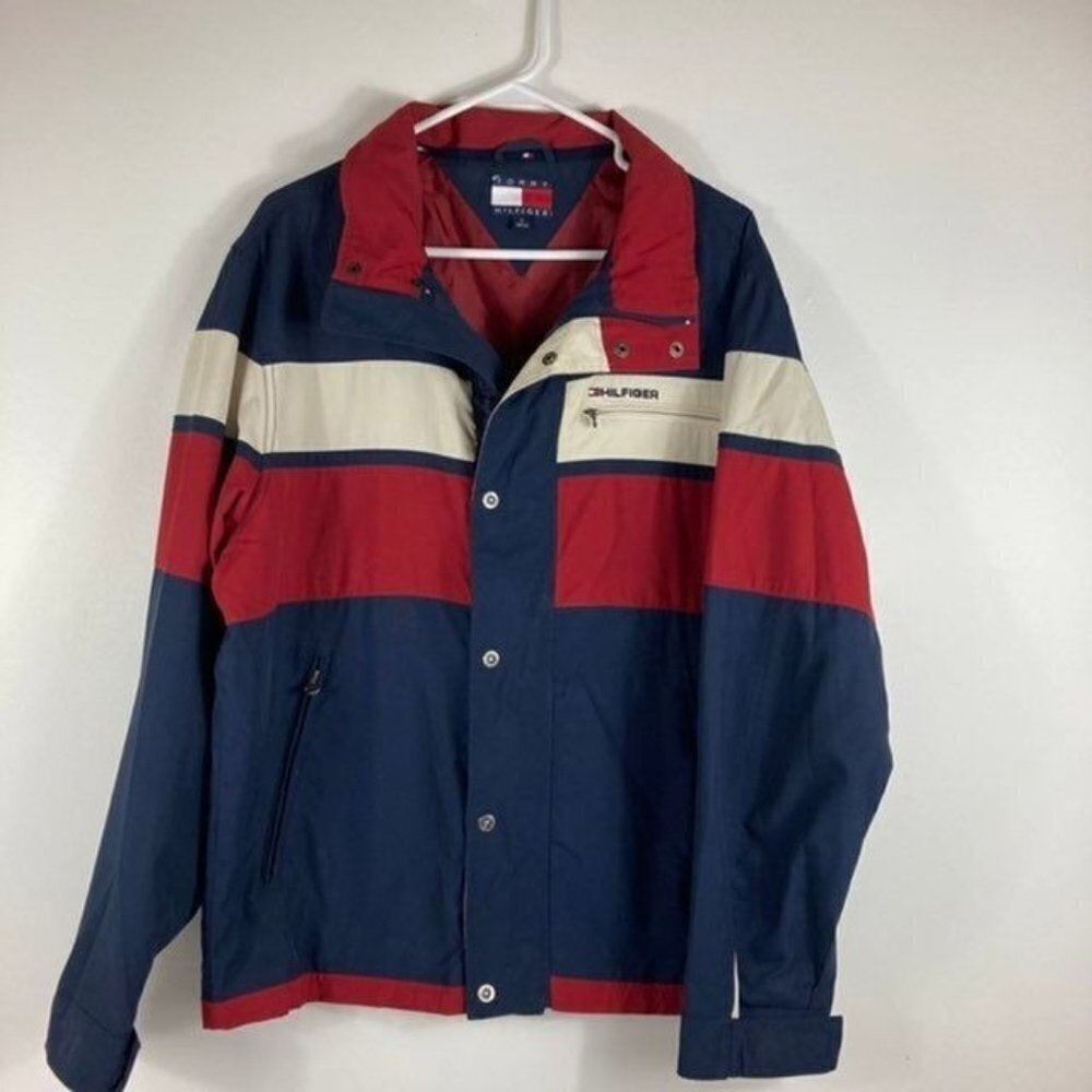 Men's Tommy Hilfiger Color Block Lined Jacket Wind Breaker Red White Blue M